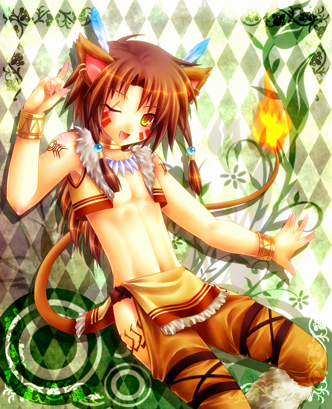 animal_ears argyle argyle_background bad_id bad_pixiv_id brown_hair final_fantasy final_fantasy_vii long_hair male_focus minatosaiga personification red_xiii scar solo tail yellow_eyes