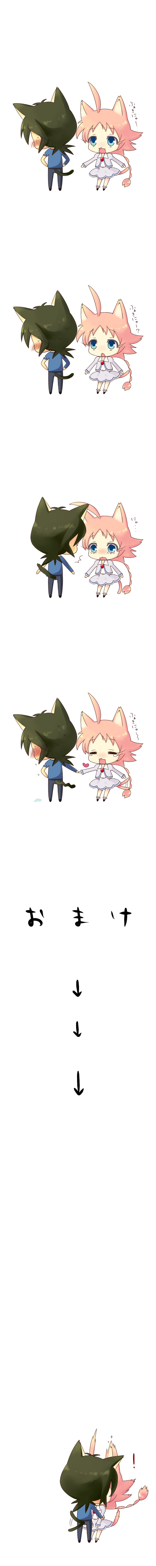 1boy 1girl :3 =_= absurdres ahiru ahoge animal_ears asymmetrical_clothes blue_eyes blush cat_ears cat_tail chibi comic directional_arrow dress eyelashes fakir green_hair hand_on_hip hands_on_hips heart highres kai_aki kiss long_image open_mouth pink_hair ponytail princess_tutu tail tail_wagging tall_image tears translated wavy_mouth