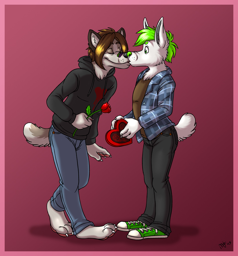 &hearts; anthro brown_hair canine chocolate chocolates chuck_taylor_all_stars converse couple dog duo eyes_closed flower gay green_hair hair jeans kissing male mammal mohawk rose short_hair skinny_jeans spookaboo
