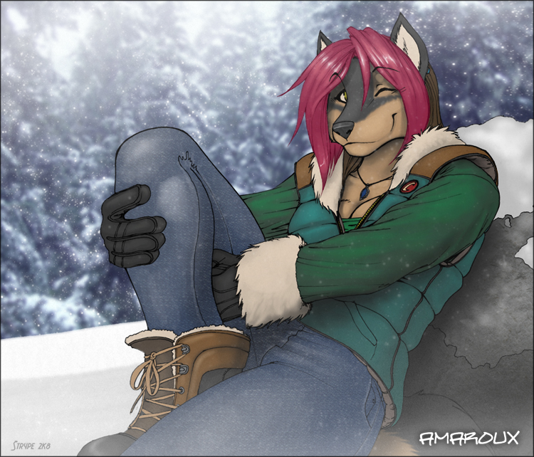 canine cleavage clothed clothing female gloves hair jacket looking_at_viewer mammal necklace one_eye_closed outside pants photo_background pink_hair snow solo strype wink winter
