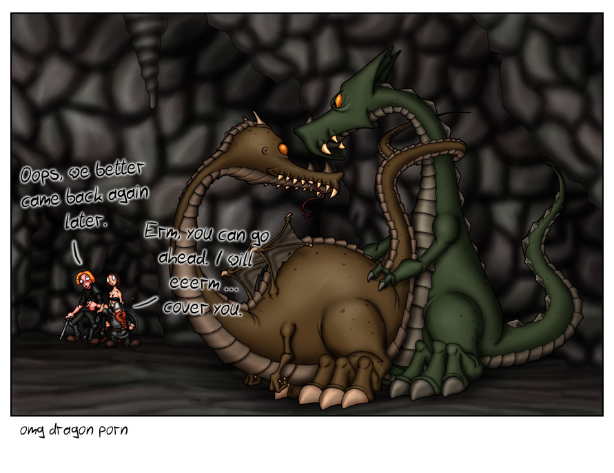 cave claws dragon dwarf english_text erection feral feral_on_feral from_behind funny group human humanoid humor humour mammal oops penetration penis sword teeth text tongue unknown_artist walk-in watching weapon wings