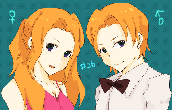 breasts brief_(character) brief_(psg) cleavage dress dual_persona formal freckles genderswap long_hair open_mouth orange_hair panty_&amp;_stocking_with_garterbelt pixiv_thumbnail ponytail purple_eyes resized short_hair smile suit venus_symbol