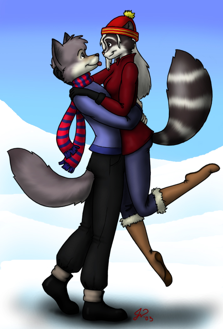 canine duo female hat hug male mammal raccoon romantic snow unknown_artist warm winter wolf