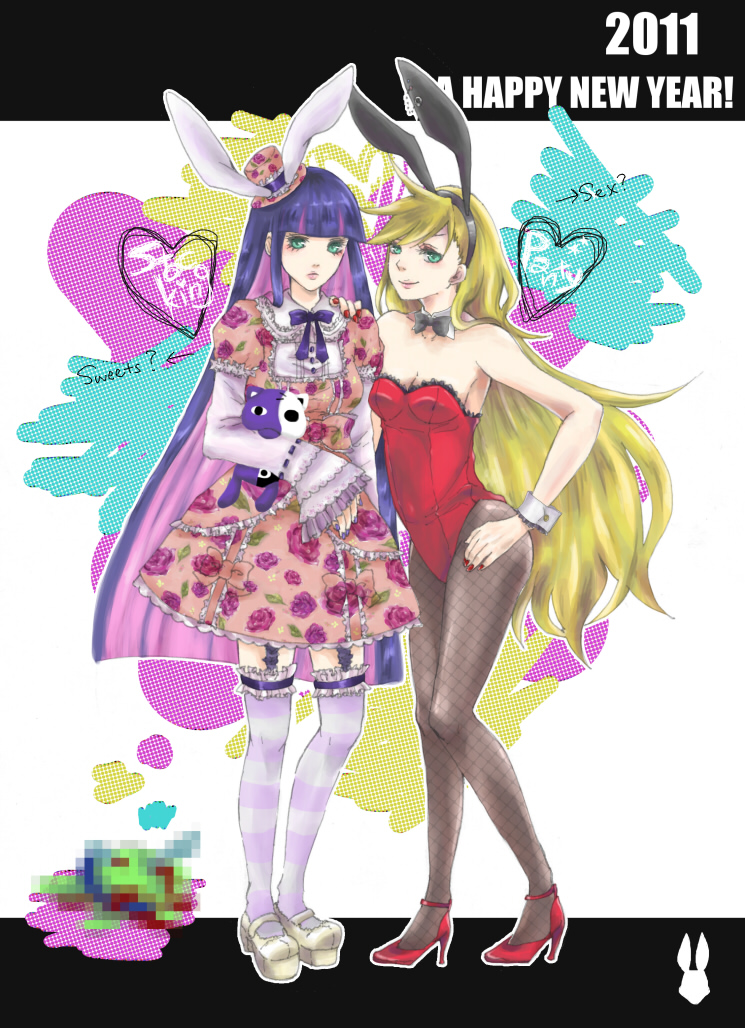 2girls animal_ears bare_shoulders blonde_hair blush breasts bunny_ears bunnysuit dress english fishnets frown gothic_lolita green_eyes hat high_heels lolita_fashion long_hair makeup mary_janes multicolored_hair multiple_girls nail_polish new_year panty_&amp;_stocking_with_garterbelt panty_(character) panty_(psg) pantyhose pink_hair ponytail purple_hair red_dress shoes siblings simple_background sleeves_past_wrist sleeves_past_wrists small_breasts smile stocking_(character) stocking_(psg) very_long_hair