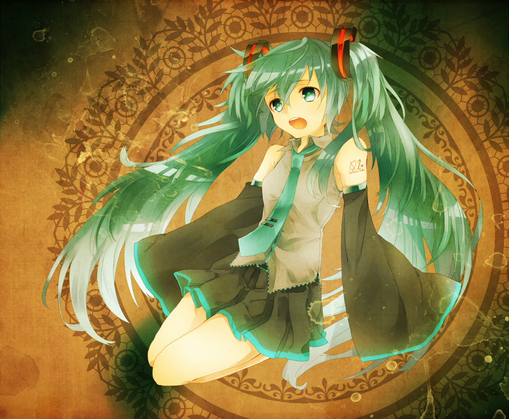 aqua_eyes bad_id bad_pixiv_id blue21 detached_sleeves green_hair hatsune_miku long_hair necktie open_mouth skirt solo twintails very_long_hair vocaloid