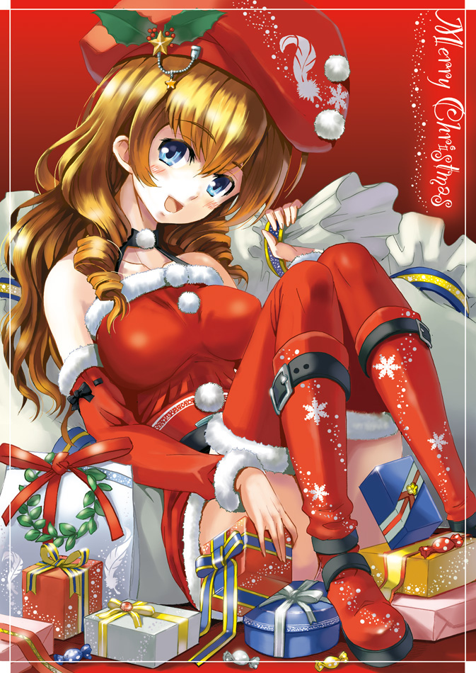 bare_shoulders beret blue_eyes blush boots breasts brown_hair christmas frame gift hat impossible_clothes large_breasts open_mouth original santa_costume sitting solo star thighhighs yuu_(yuyukaikan)