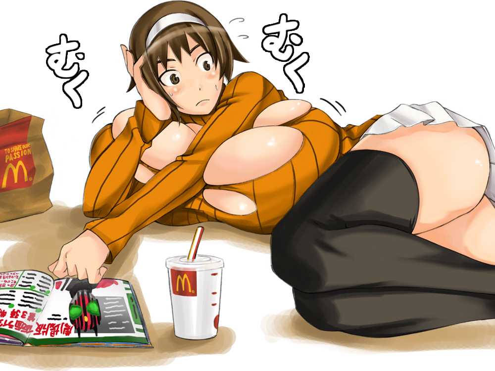 blush breast_expansion breasts brown_hair bursting_breasts gigantic_breasts headband huge_breasts kamen_rider_decade mcdonald's miniskirt product_placement skirt smile_face_(ace-of-smile) solo thighhighs undersized_clothes