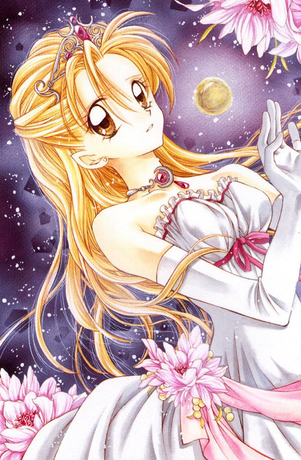 90s alternate_hair_color blonde_hair brown_eyes crown dress elbow_gloves flower full_moon gloves gown half_updo jewelry long_hair moon necklace night official_art pointy_ears princess solo suomi_kyouko tanemura_arina time_stranger_kyoko traditional_media white_dress