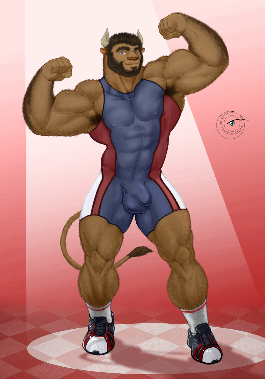 armpits balls beard biceps big_muscles bigtiger bovine bulge bull cattle clothed clothing facial_hair flexing male mammal muscles penis pose solo standing wrestling_singlet