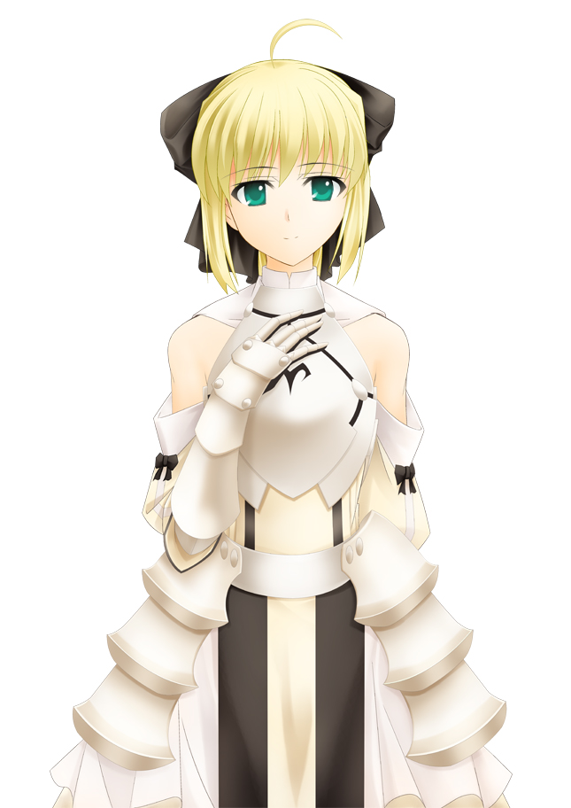 ahoge armor armored_dress artoria_pendragon_(all) bare_shoulders blonde_hair bow detached_sleeves dress fate/stay_night fate/unlimited_codes fate_(series) faulds gauntlets green_eyes ponytail ribbon saber saber_lily solo
