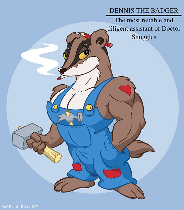 antti_remes badger bulge clothed clothing dennis_the_badger doctor_snuggles english_text hammer karri_aronen looking_at_viewer male mammal mustelid rule_34 smoking solo tattoo text tool tools