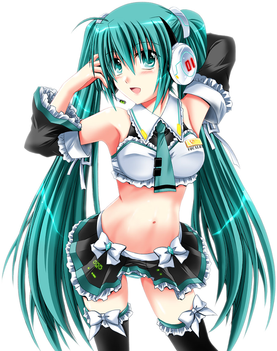 alternate_costume armpits detached_sleeves frills green_eyes green_hair hatsune_miku headset long_hair midriff necktie otoki_raku panties pantyshot ribbon solo thighhighs twintails underwear upskirt very_long_hair vocaloid