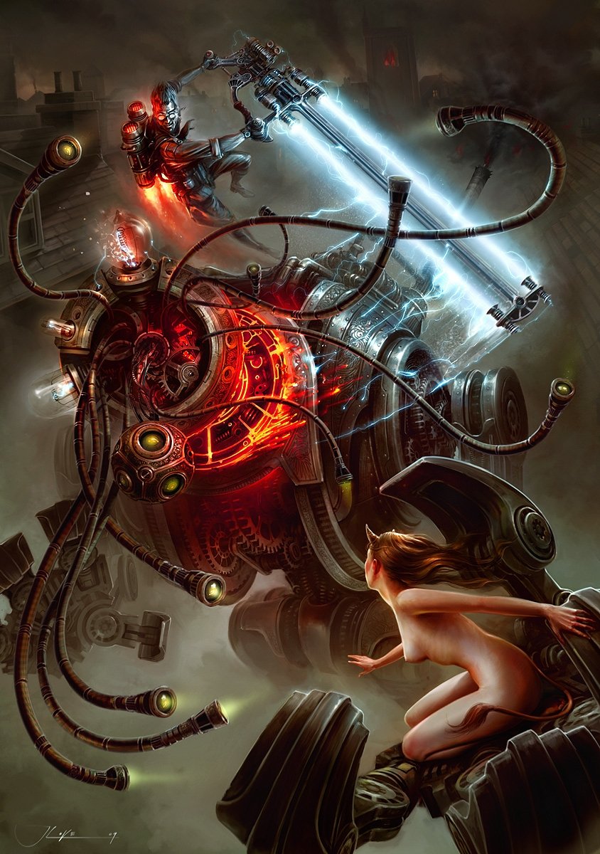 awesometastic battle breasts clockwork coldrum cowgirl decapitation demon electricity epic eye eyes eyewear female fight fighting fire gears glasses glowing greatsword horn horns human imp jeremy_love laser lasersword machine mammal mechanical night robot rocket steampunk tail tentacles weapon win