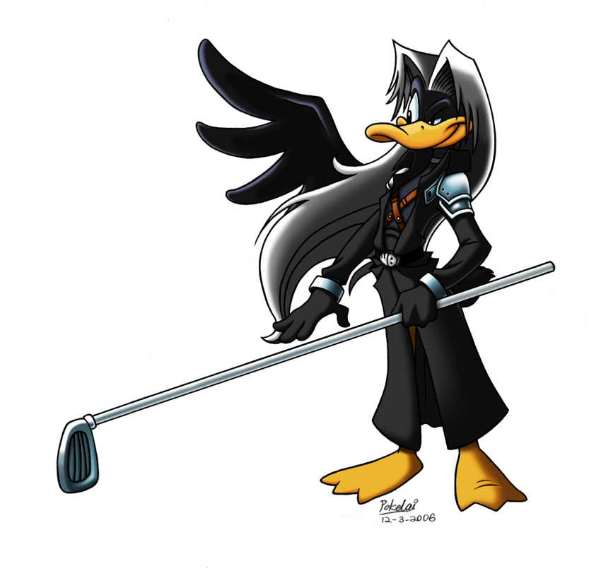 avian belt bird clothed clothing cosplay daffy_duck duck final_fantasy gloves golf_club grey_hair hair jacket long_hair looney_tunes male one_eye_closed parody plain_background pokelai sephiroth solo video_games warner_brothers weapon white_background wink