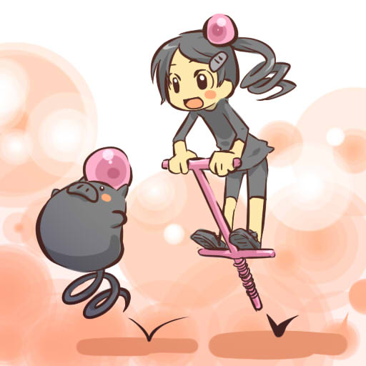 blush_stickers bouncing drill_hair gen_3_pokemon grey_hair hair_ornament hairclip hitec jumping moemon open_mouth personification pogo_stick pokemon pokemon_(creature) ponytail smile spoink tail