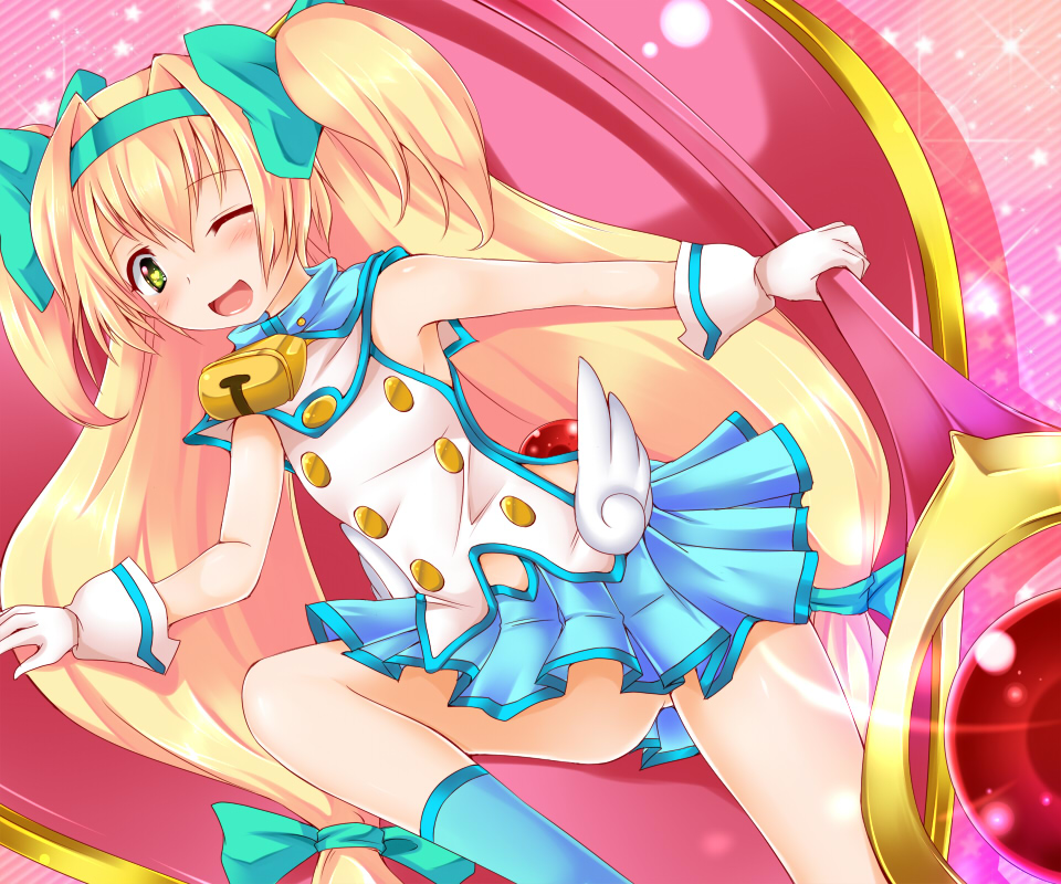 armpits bell blazblue blonde_hair blush bow cow_bell gloves green_eyes hairband heart long_hair low-tied_long_hair muchourin no_panties one_eye_closed open_mouth platinum_the_trinity quad_tails ribbon shimo_(depthbomb) skirt smile staff symbol-shaped_pupils twintails two_side_up very_long_hair wand