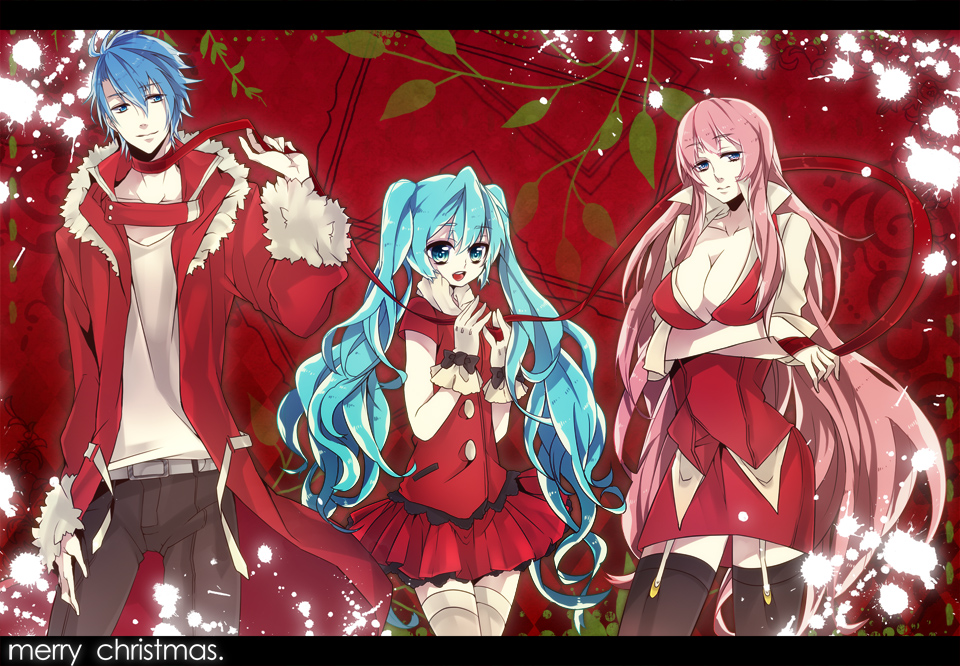 2girls bad_id bad_pixiv_id belt blue_eyes blue_hair breasts christmas cleavage coat crossed_arms garter_straps gloves guru_(nicocco) hatsune_miku kaito large_breasts long_hair megurine_luka multiple_girls pink_hair skirt thighhighs twintails very_long_hair vocaloid