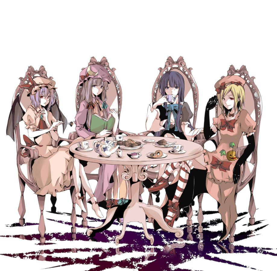 bat_wings blonde_hair blue_eyes blue_hair book crescent crossover dress elbow_gloves frederica_bernkastel gloves hair_ornament hat lambdadelta long_hair multiple_girls patchouli_knowledge purple_eyes purple_hair red_eyes remilia_scarlet short_hair sitting tea toudou_(dolce) touhou umineko_no_naku_koro_ni wings