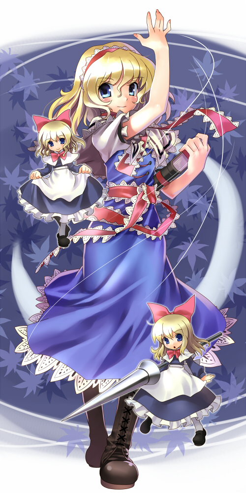 alice_margatroid blonde_hair blue_eyes book boots bow capelet crescent cross-laced_footwear crossed_legs curtsey doll full_body hair_bow hairband katahira_masashi lace-up_boots lance leaf maple_leaf polearm puppet_strings sash shanghai_doll short_hair solo string touhou watson_cross weapon