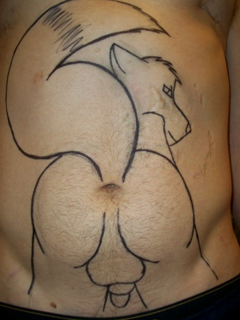 4x4husky anthro ass_up back_turned balls beige_skin black_bottomwear body_art body_hair drawing erection from_behind hind_view human humanoid_penis looking_at_viewer looking_back male mammal marker marker_(art) mole_(marking) navel nude penis photo raised_tail real scar stomach tail taking_it_too_far torso_shot underwear