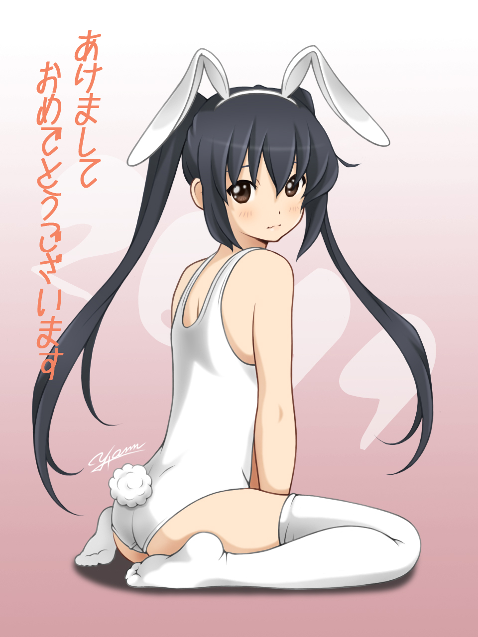 :3 akeome animal_ears ann_yosh black_hair blush brown_eyes bunny_ears face feet happy_new_year highres k-on! kneeling long_hair looking_back nakano_azusa new_year one-piece_swimsuit solo swimsuit thighhighs twintails