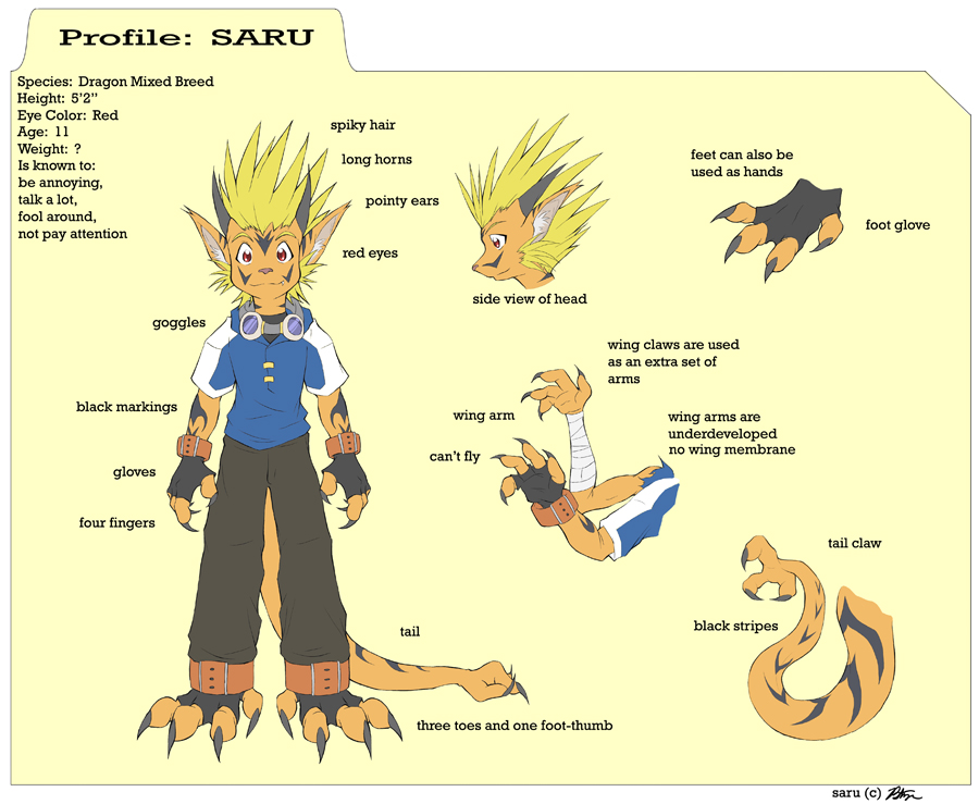 blonde_hair claws clothing cyber_zai dragon gloves goggles hair horns male model_sheet red_eyes saru scalie solo spiky_hair tail tail_hand