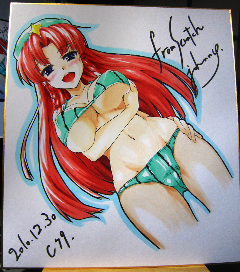 beret bikini blue_eyes blush breast_hold breasts dutch_angle groin hat hong_meiling johnny_(from_scratch) large_breasts long_hair looking_at_viewer marker_(medium) naughty_face red_hair shikishi sketch solo string_bikini swimsuit touhou traditional_media underboob