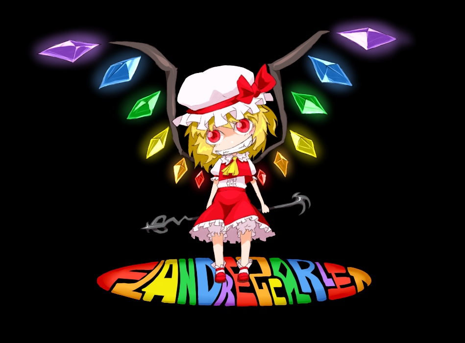 arms_behind_back blonde_hair character_name chibi fangs flandre_scarlet grin hat head_tilt oso_(toolate) rainbow_text red_eyes smile solo touhou wings
