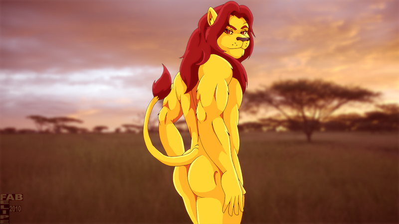 5_fingers anthro back back_turned biceps big_muscles butt fabfelipe feline fur hair lion long_hair looking_at_viewer looking_back male mammal mane_hair muscles nude outside pecs penis pose raised raised_tail red_eyes red_hair savannah solo standing tail tail_tuft tree tuft yellow_fur
