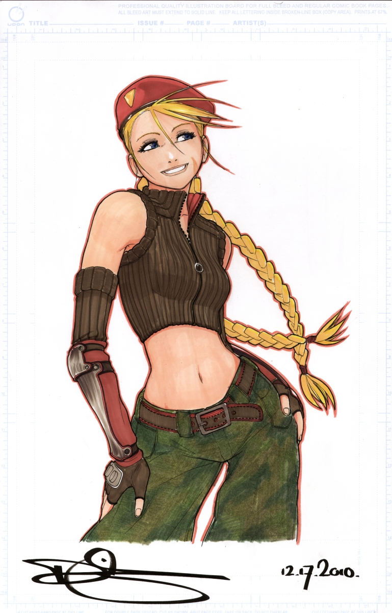 alternate_costume antenna_hair bare_shoulders belt beret blonde_hair blue_eyes braid cammy_white casual colored_pencil_(medium) contemporary crop_top dated elbow_gloves final_fight final_fight_streetwise fingerless_gloves gloves hands_on_hips hat highres long_hair marker_(medium) midriff navel omar_dogan pants signature smile solo street_fighter traditional_media twin_braids unzipped