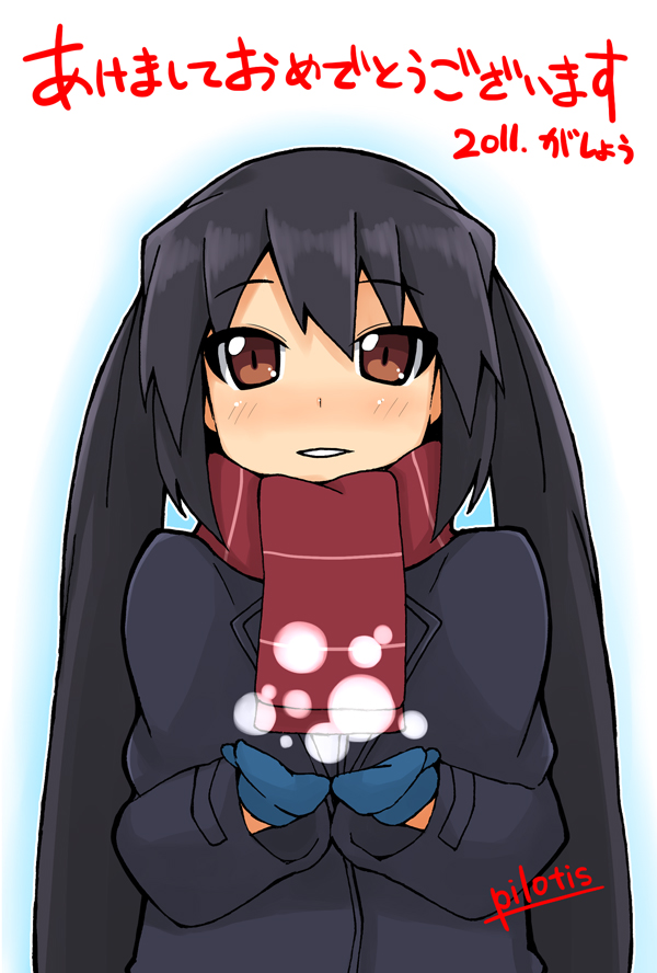2011 akeome bad_id bad_pixiv_id black_hair brown_eyes coat happy_new_year k-on! long_hair mittens nakano_azusa new_year pilotis scarf solo sparkle twintails
