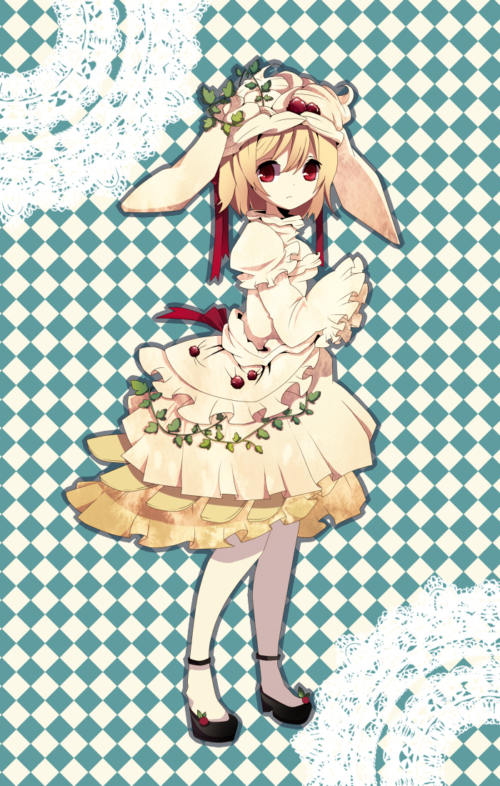 bad_id bad_pixiv_id berries blonde_hair dress frills original red_eyes ribbon satsushi shoes solo standing thighhighs