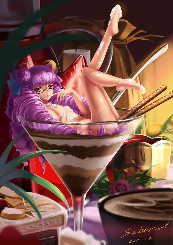 alternate_hairstyle bangs barefoot bespectacled big_hair blunt_bangs blurry chocolate cocktail_glass come_hither crescent crescent_hair_ornament cup dated depth_of_field double_bun drill_hair drinking_glass eyebrows_visible_through_hair finger_to_mouth flat_chest food food_insertion food_on_body food_on_toes fruit glasses hair_ornament hair_ribbon hand_on_own_chest in_container in_cup in_food legs_up long_hair looking_at_viewer lying minigirl mousse_(food) nude object_insertion on_back patchouli_knowledge purple_eyes purple_hair ribbon saber_01 semi-rimless_eyewear shiny shiny_skin signature soles solo strawberry tongue tongue_out too_many_drills touhou under-rim_eyewear vaginal vaginal_object_insertion very_long_hair wafer_stick whipped_cream wristband