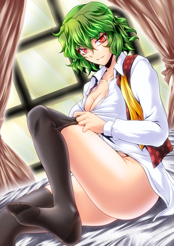 ascot bad_id bad_pixiv_id bed_sheet black_legwear bottomless breasts cleavage curtains dress_shirt dressing dutch_angle feet green_hair kazami_yuuka large_breasts legs no_shoes ootsuki_wataru open_clothes plaid plaid_vest red_eyes shirt short_hair sitting smirk solo thighhighs touhou untied vest window