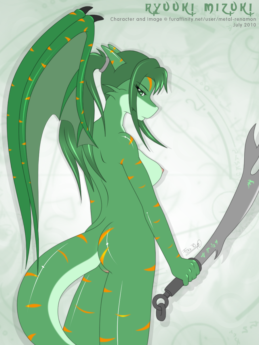 breasts countershading dragon faiz female green green_body green_hair hair long metal-renamon mizuki nipples nude runes scalie solo stripes sword weapon wings