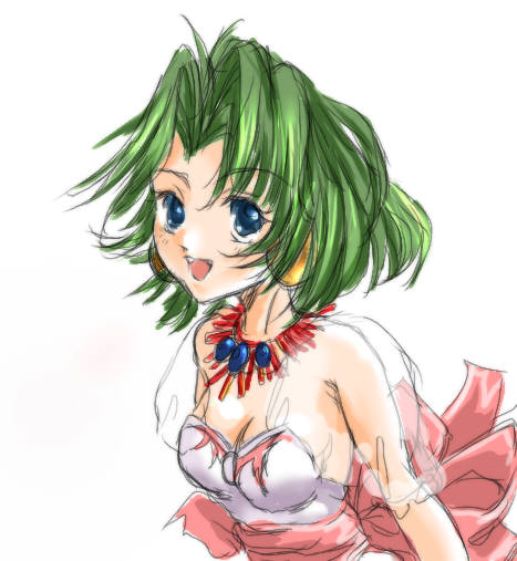 90s ahoge armpits artist_request back_bow blue_eyes bow earrings ellis_(toushinden) green_hair happy jewelry leotard looking_at_viewer necklace open_mouth ribbon see-through see-through_sleeves short_hair simple_background sketch solo toushinden white_background white_leotard