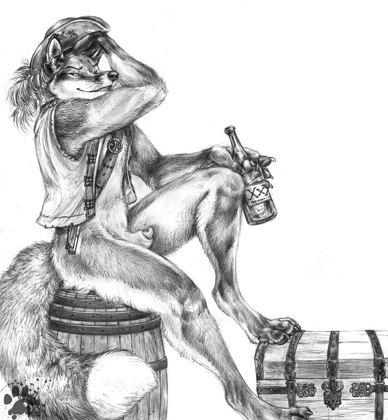 2010 alcohol barrel blotch canine canine_penis chest drink fox male monochrome penis pirate sheath sketch solo