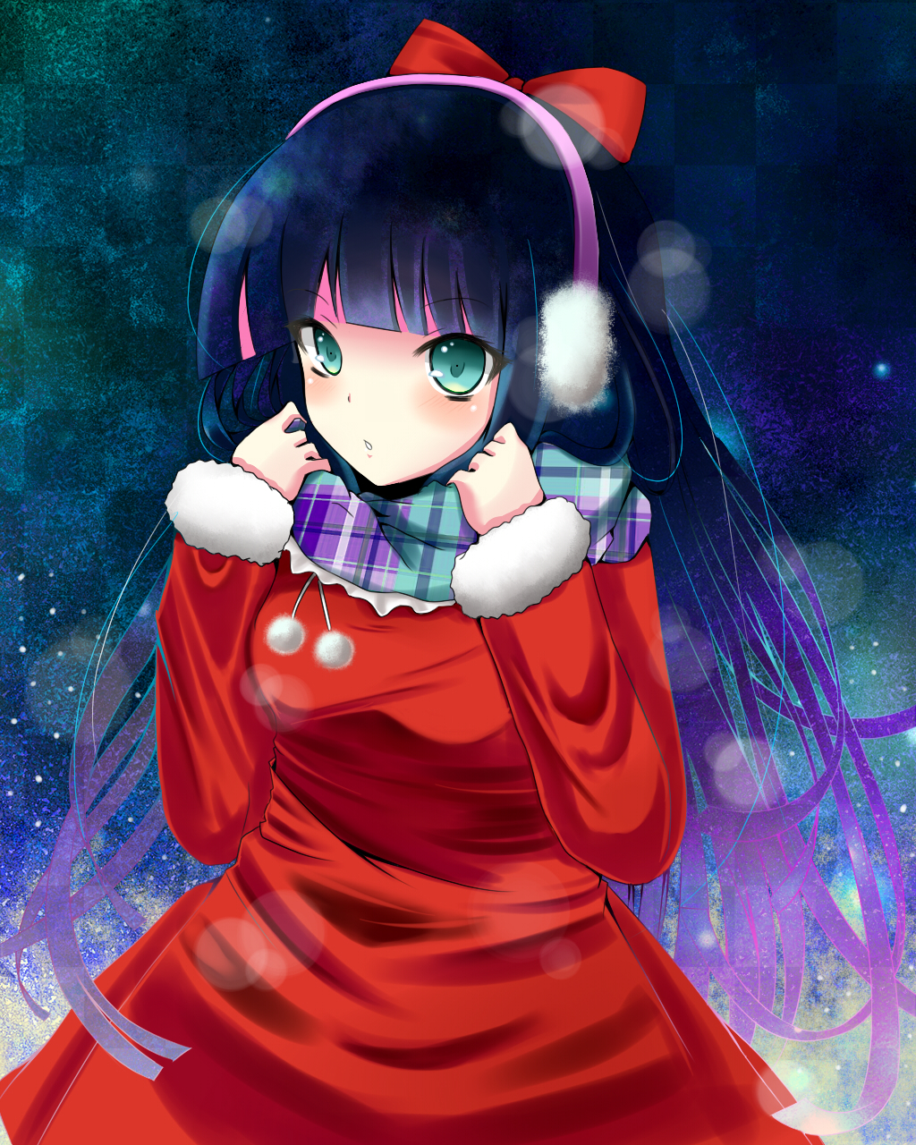 bad_id bad_pixiv_id blush christmas green_eyes hair_ribbon highres michitose_michiru multicolored_hair open_mouth panty_&amp;_stocking_with_garterbelt ribbon snowflakes solo stocking_(psg) two-tone_hair winter_clothes