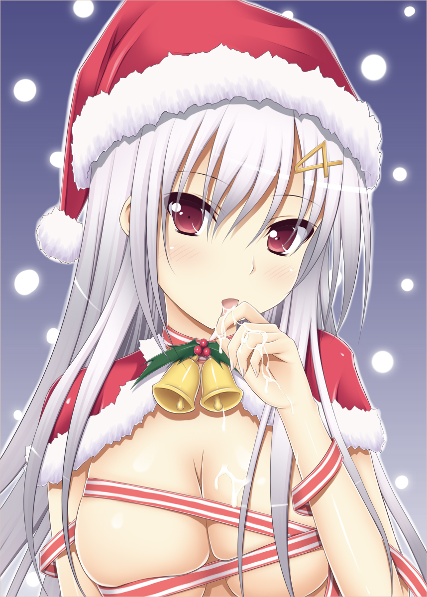 bell bell_collar blush breasts christmas cleavage collar cum cum_on_body cum_on_upper_body hair_ornament hairclip hat highres jingle_bell large_breasts licking long_hair naked_ribbon no_bra open_mouth original red_eyes ribbon santa_hat shake_(ferit3) silver_hair snow solo tongue