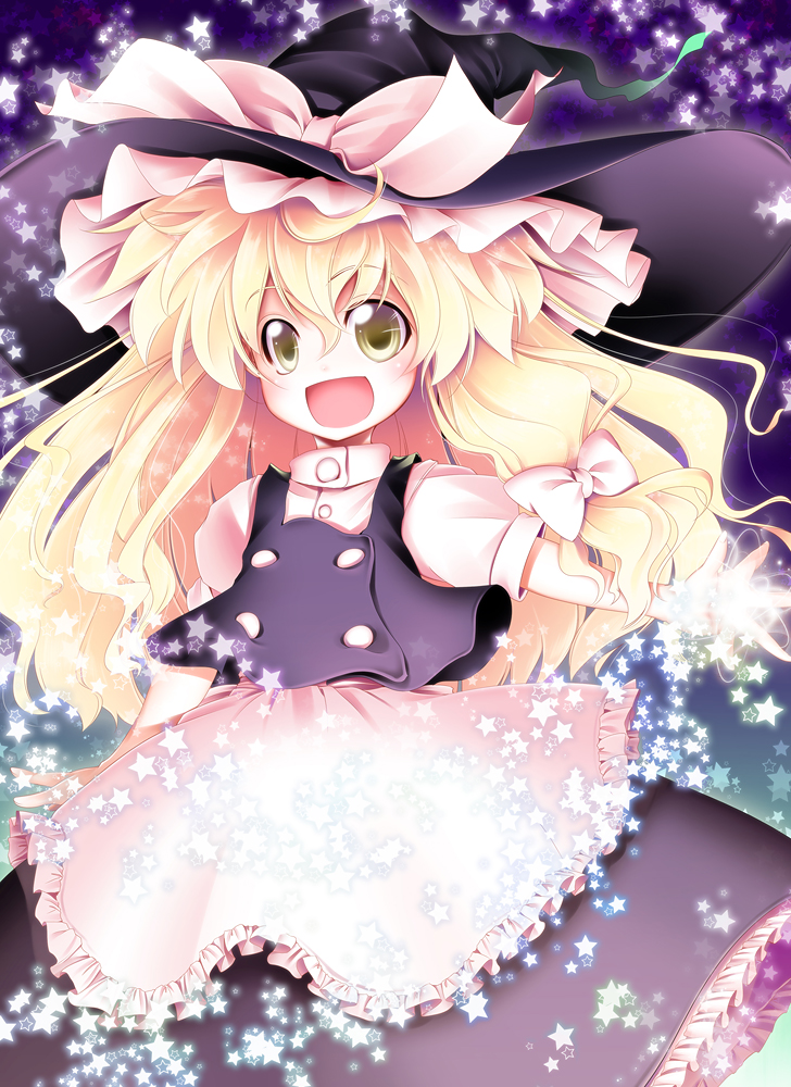 :d aozora_market blonde_hair hat kirisame_marisa long_hair open_mouth outstretched_arm smile solo star touhou witch_hat yellow_eyes
