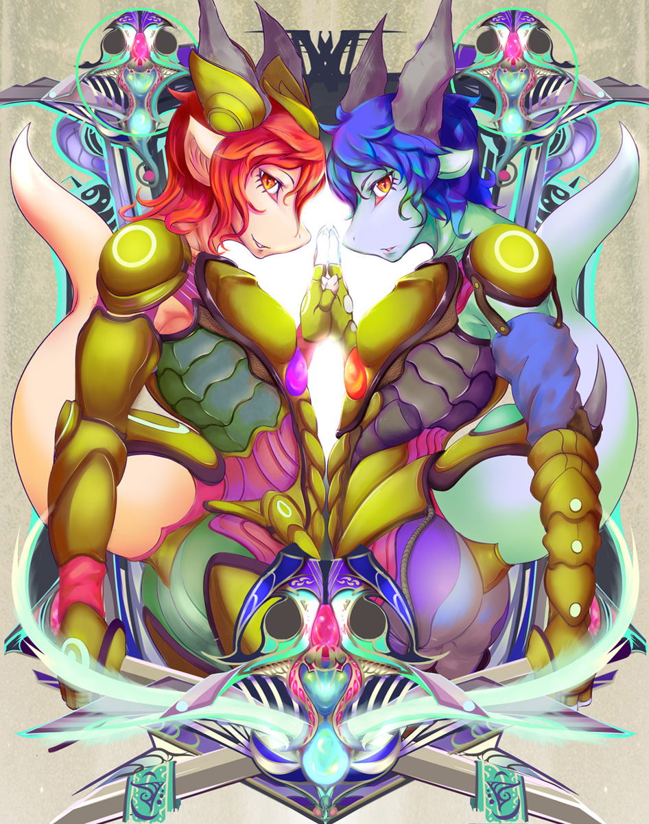 blue_hair couple dragon female hair horns looking_at_viewer orange_eyes red_hair scalie sizuru sword symmetry tail weapon