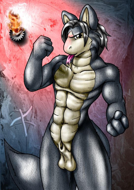 anthro balls biceps flexing forked_tongue golden_eyes looking_at_viewer male muscles nude pecs penis pose reptile saliva scalie sheath snake solo standing tongue tongue_out yellow_eyes zorro_re