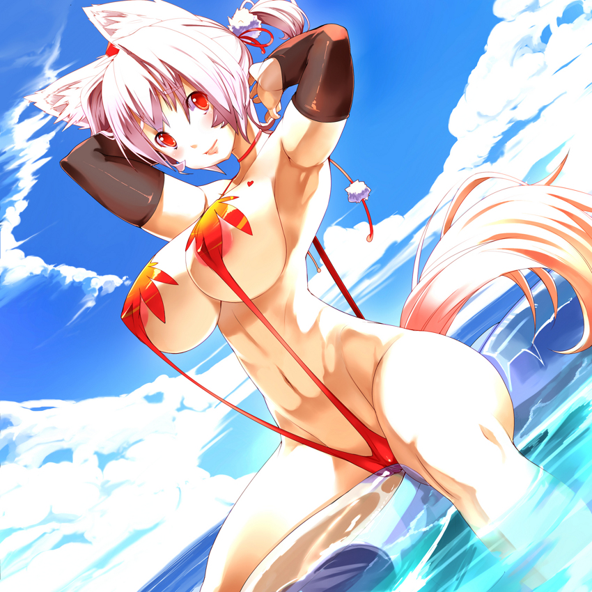 animal_ears breasts canine female huge_breasts one-piece_swimsuit solo swimsuit tail