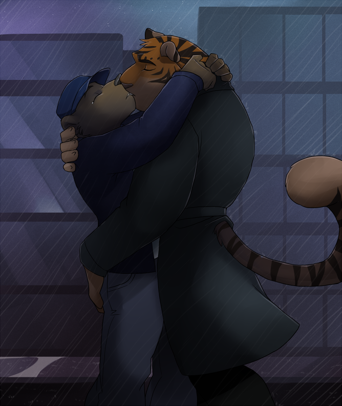 bear coat eyes_closed feline gay hat jailbird kissing male mammal raining tail tiger