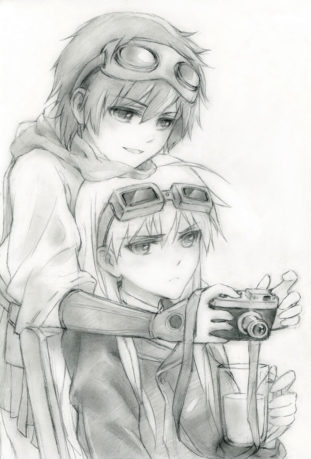 bad_id bad_pixiv_id blush camera glass goggles goggles_on_head greyscale hanna-justina_marseille highres japanese_clothes katou_keiko kisetsu long_hair military military_uniform monochrome multiple_girls open_mouth scarf sketch smile traditional_media uniform world_witches_series