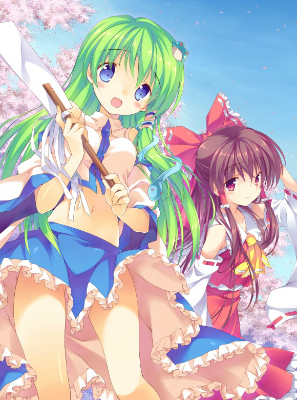 bad_id bad_pixiv_id bow brown_eyes brown_hair detached_sleeves green_eyes green_hair hair_bow hakurei_reimu inase_shin'ya kochiya_sanae multiple_girls touhou