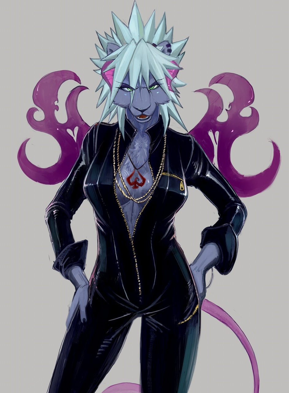 breasts chest_tuft claws clothed clothing demon ear_piercing earring enrin feline female fur green_eyes grey_hair hair horn horns looking_at_viewer mammal necklace open_mouth piercing radicalizm-e short_hair solo standing tail teeth tuft zipper