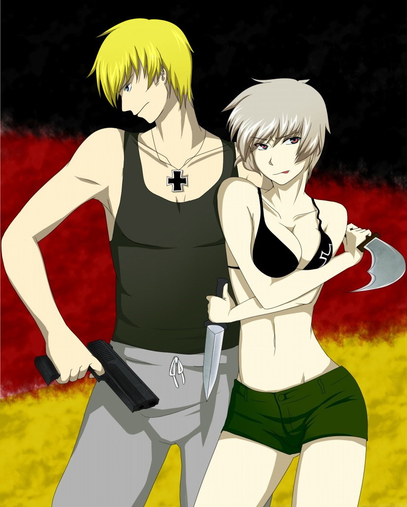 axis_powers_hetalia bh bleach_blonde_hair blonde_hair blue_eyes brother_and_sister cross genderswap germany_(hetalia) gun knife prussia_(hetalia) red_eyes shorts siblings sword weapon