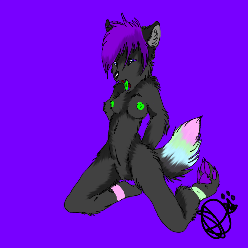 black blue_eyes breasts canine colored_background emmyizawa female green_nipples green_tongue hair hinauchi nipples nude open_mouth pose purple purple_hair short_hair solo sparkledog tail wolf