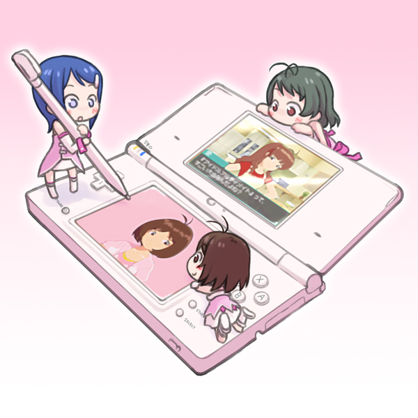 3girls akizuki_ryou antenna_hair bad_id bad_pixiv_id blue_hair blush blush_stickers brown_hair chibi chika_(orange_pop) crossdressing cute_&amp;_girly_(idolmaster) dearly_stars handheld_game_console hidaka_ai hidaka_mai idolmaster idolmaster_dearly_stars minigirl mizutani_eri multiple_girls nintendo_ds open_mouth otoko_no_ko product_placement short_hair stylus